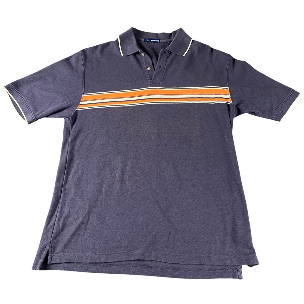 John Ashford Mens Large Blue Orange Striped Short Sleeve Cotton Polo Shirt L 765